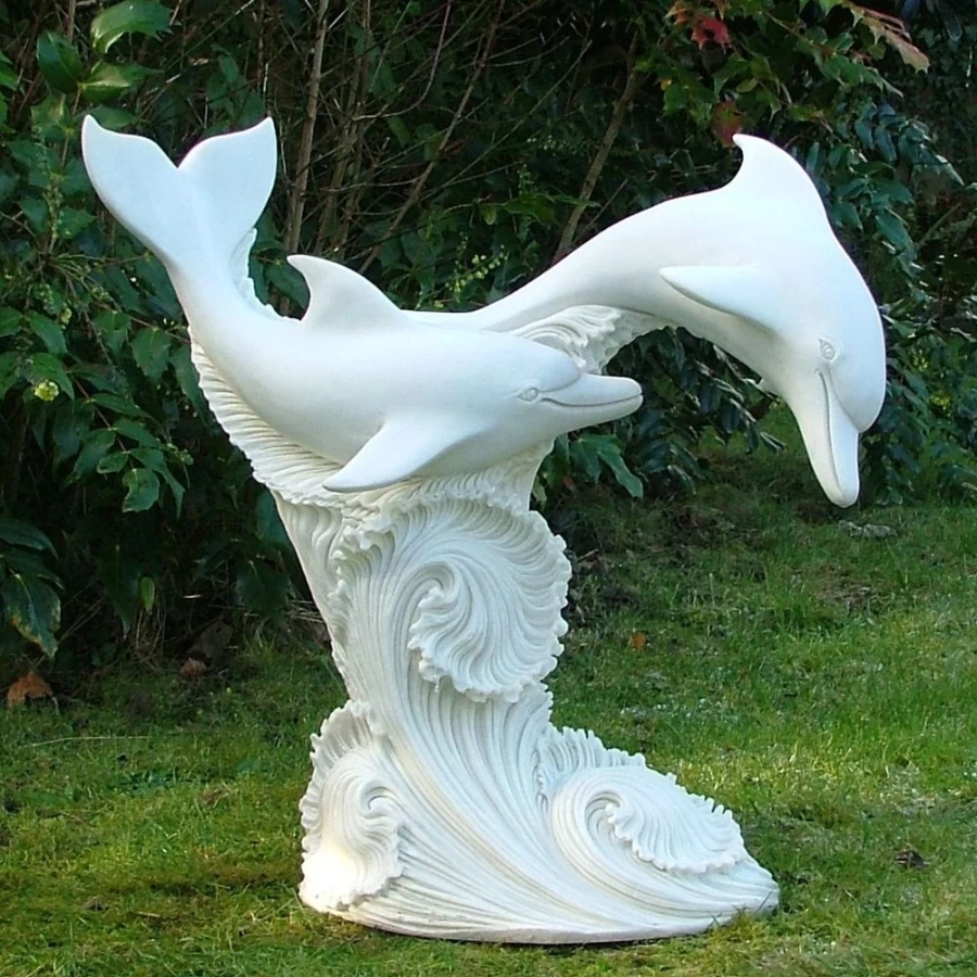 "STATUES & SCULPTURES Leaping Dolphins 45cm Marble Resin Garden Statue Outdoor Decor"