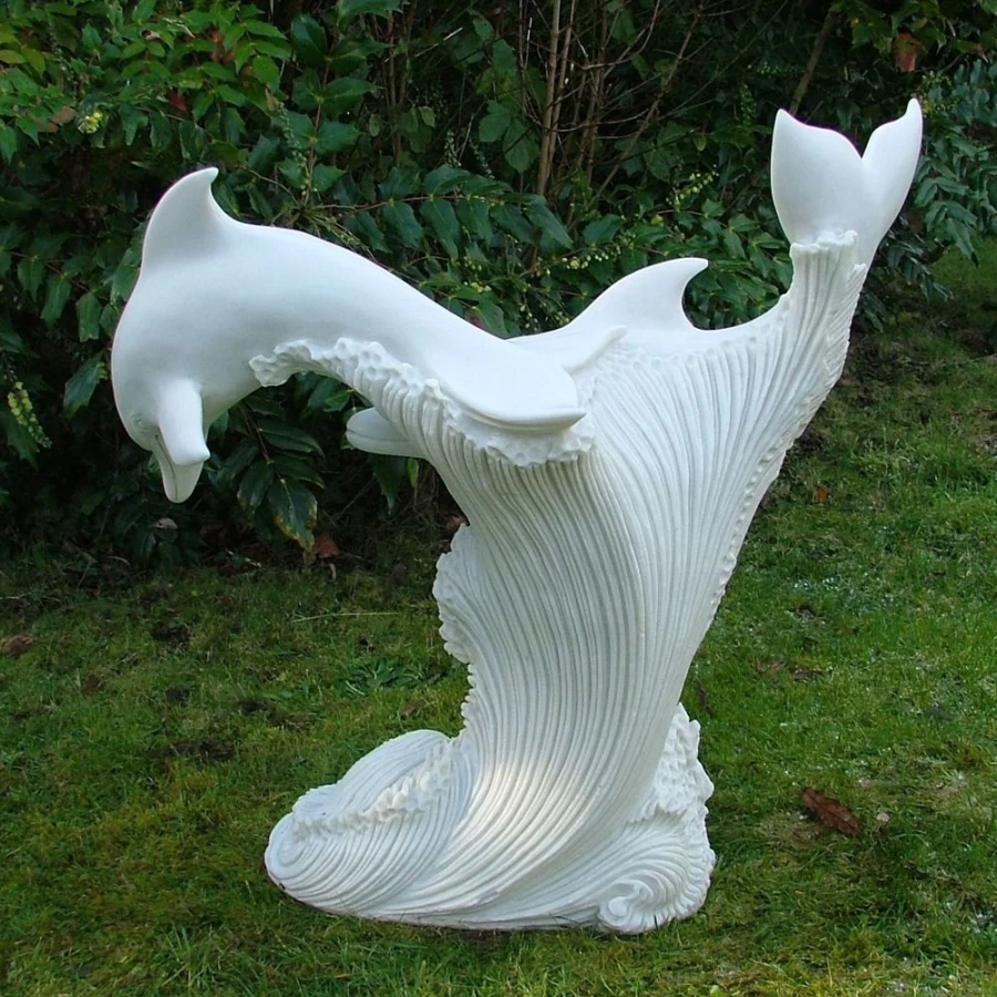 "STATUES & SCULPTURES Leaping Dolphins 45cm Marble Resin Garden Statue Outdoor Decor"