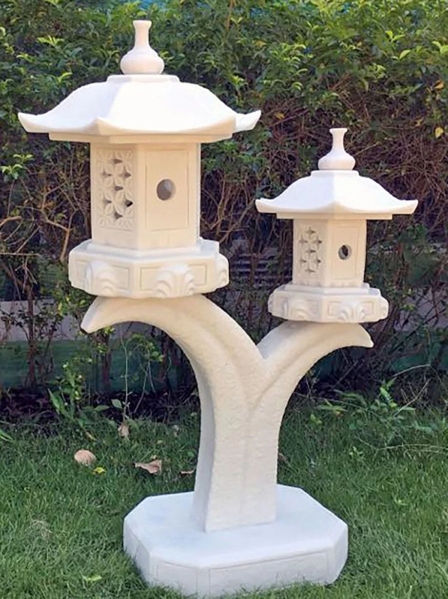 Elegant Twin Cantilever Japanese Pagoda Lantern - Premium Marble Garden Statue for Outdoor Decor