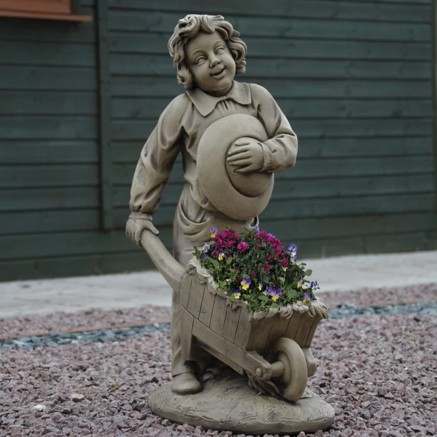 "STATUES & SCULPTURES Boy and Barrow Stone Garden Statue - Handcrafted Outdoor Decor"
