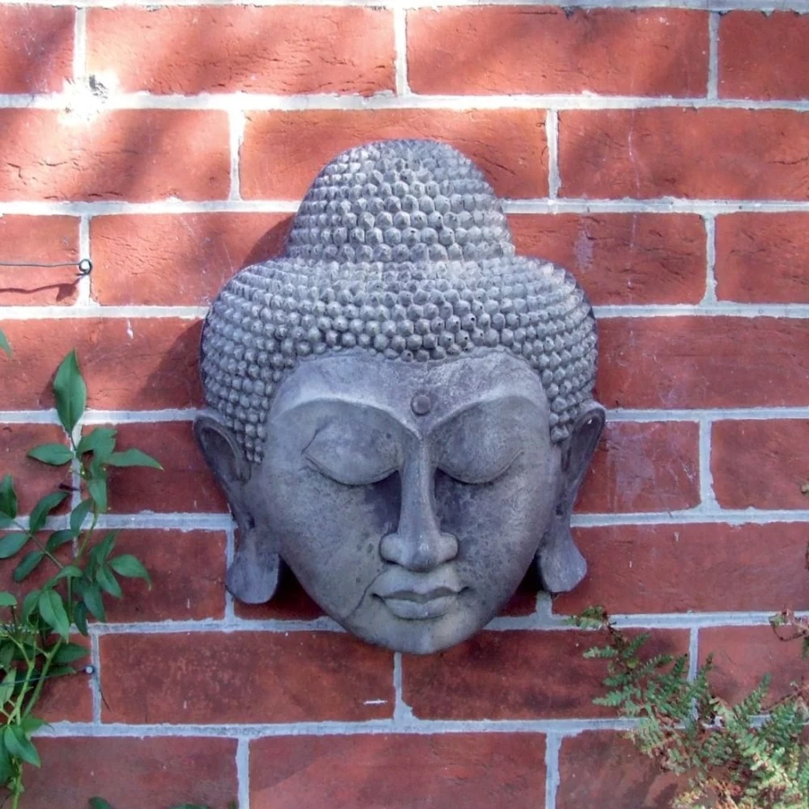 "Thai Buddha Head Stone Carving - Handcrafted Garden Wall Art Plaque by STATUES & SCULPTURES"