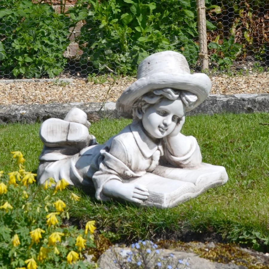 "STATUES & SCULPTURES 36Cm Stone Resin Garden Statue of Boy Reading Book Outdoor Decor"